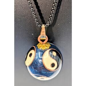 Enameled Blue Gold Cream Black Cloisonne Chime Pendant 26" Necklace